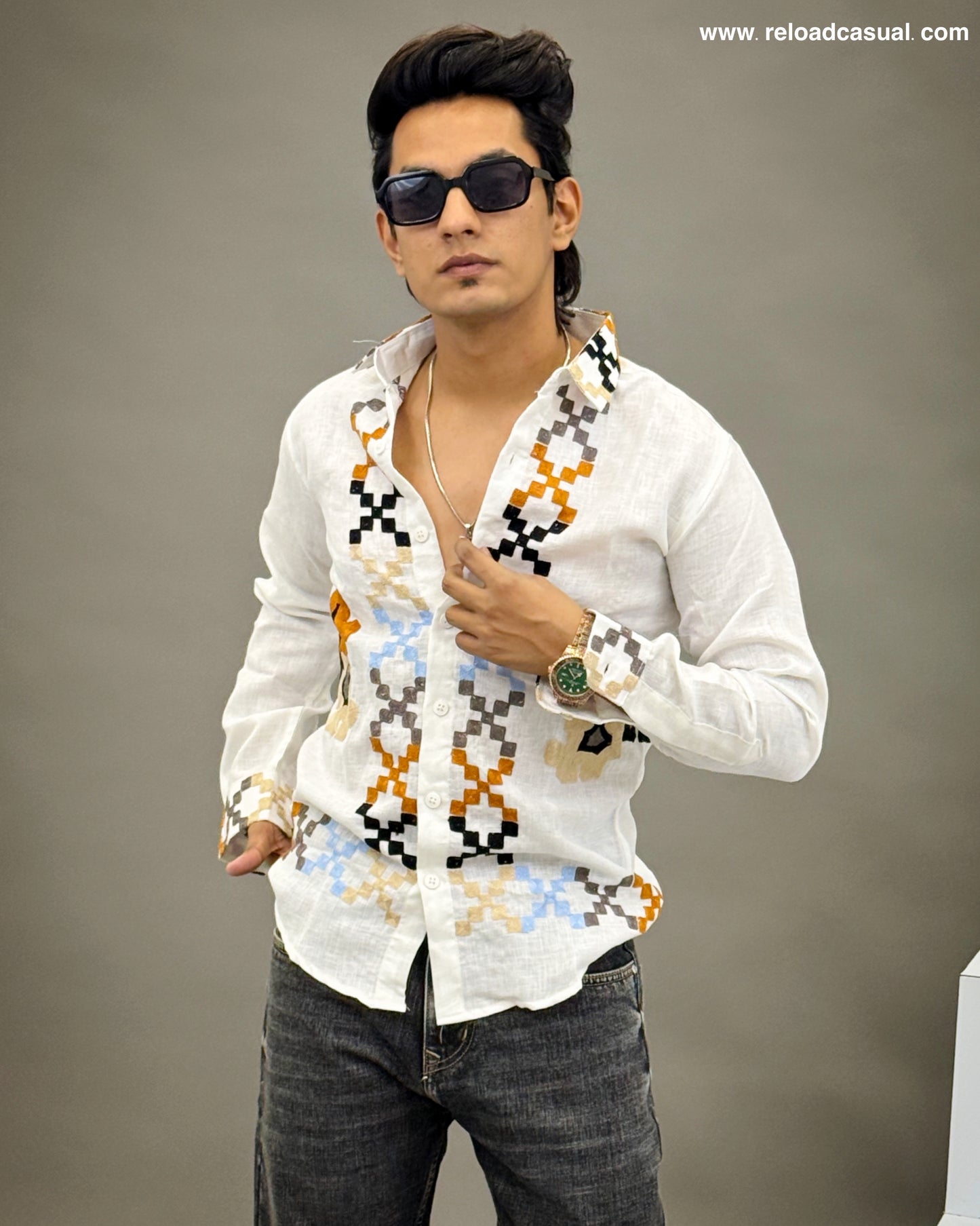 Cultural Grid Embroidered Casual Shirt