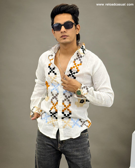 Cultural Grid Embroidered Casual Shirt