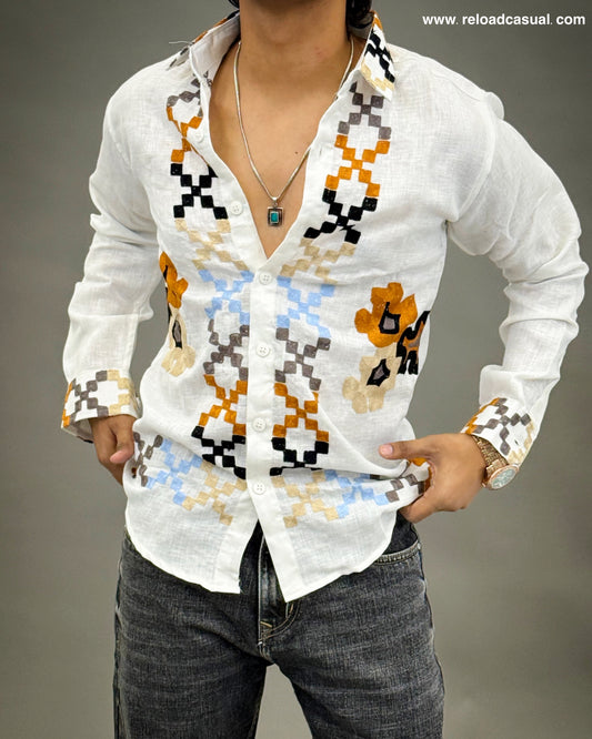 Cultural Grid Embroidered Casual Shirt