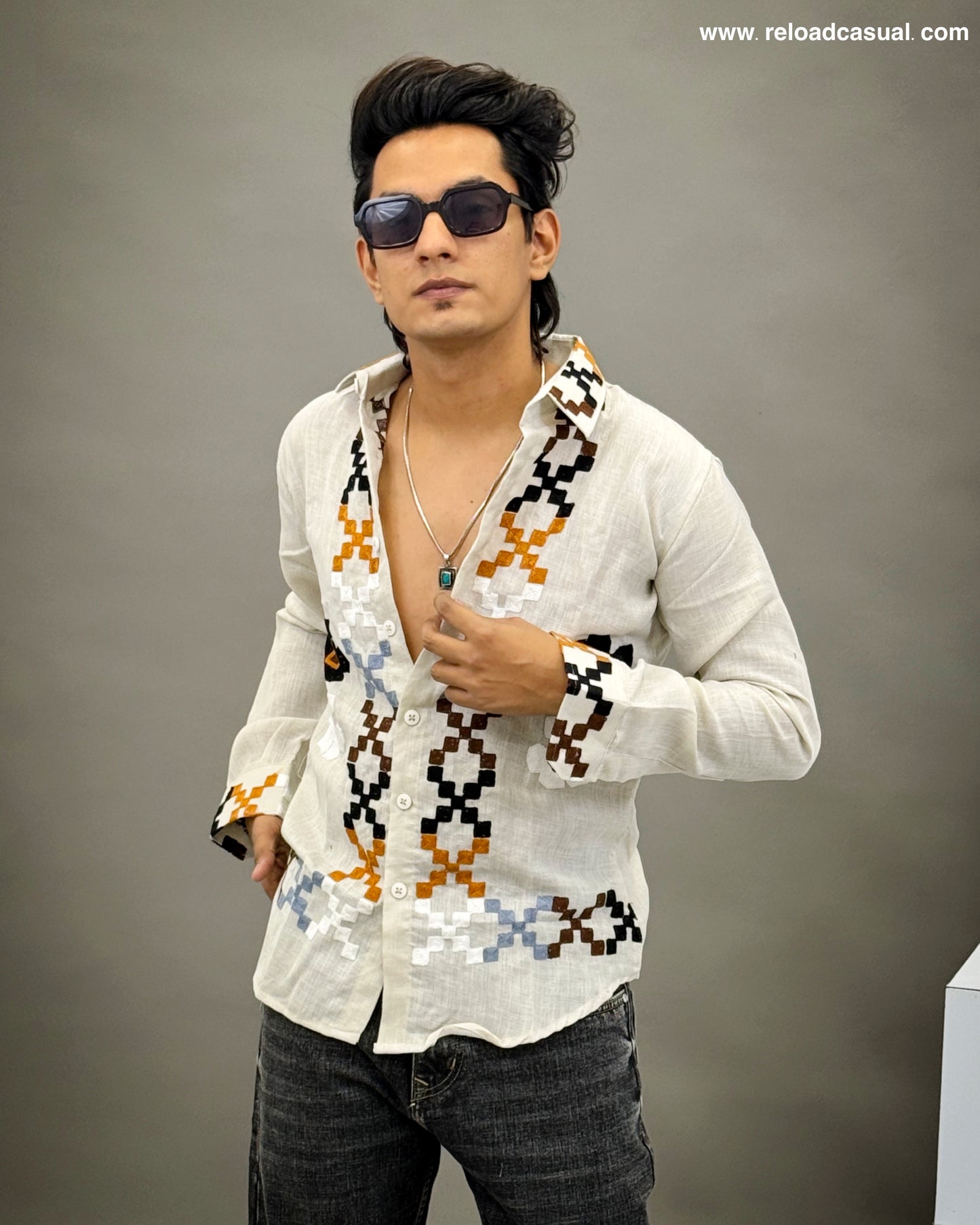 Cultural Grid Embroidered Casual Shirt