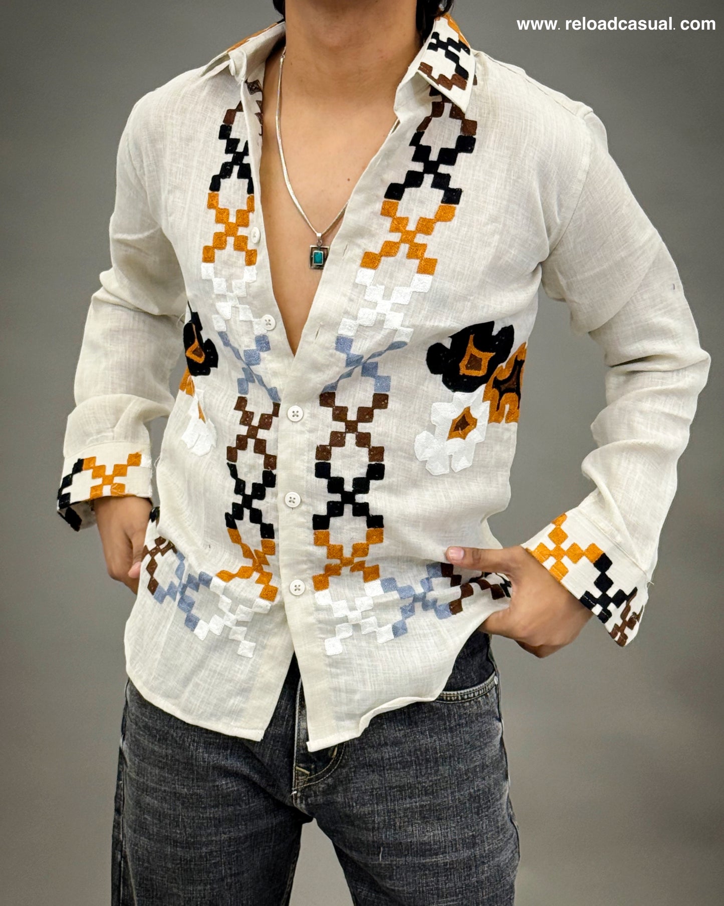 Cultural Grid Embroidered Casual Shirt