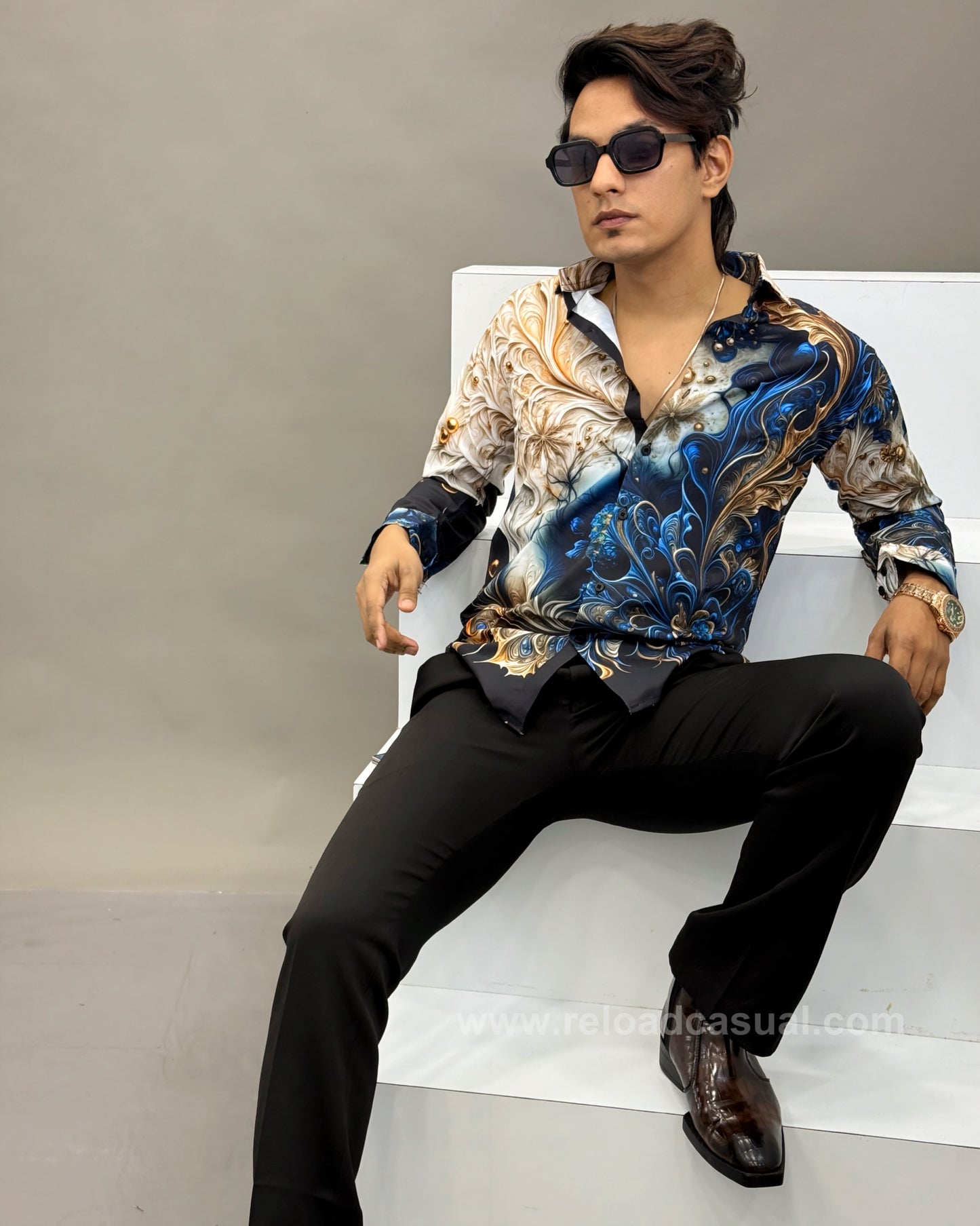 Abstract Printed Mandarin Collar Casual Shirt
