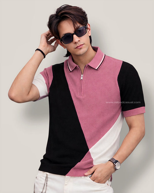 Multi Tone Geometric Knitted Neck T-Shirt