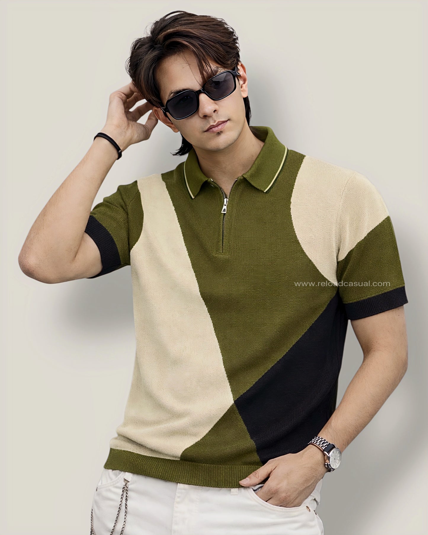 Multi Tone Geometric Knitted Neck T-Shirt