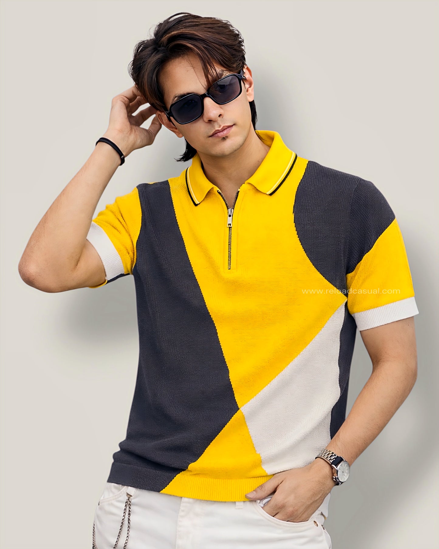 Multi Tone Geometric Knitted Neck T-Shirt