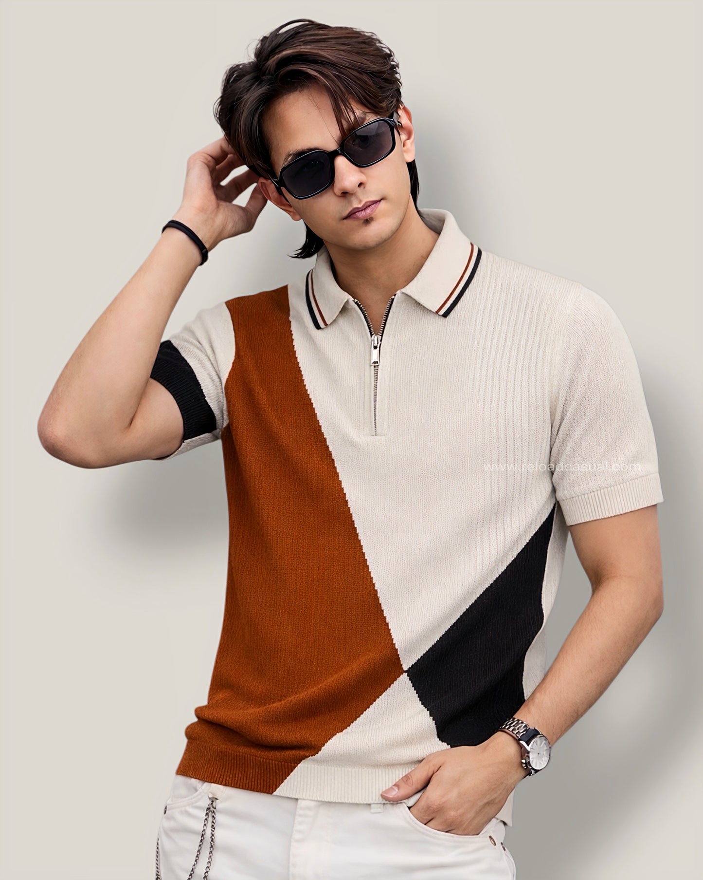 Multi Tone Geometric Knitted Neck T-Shirt