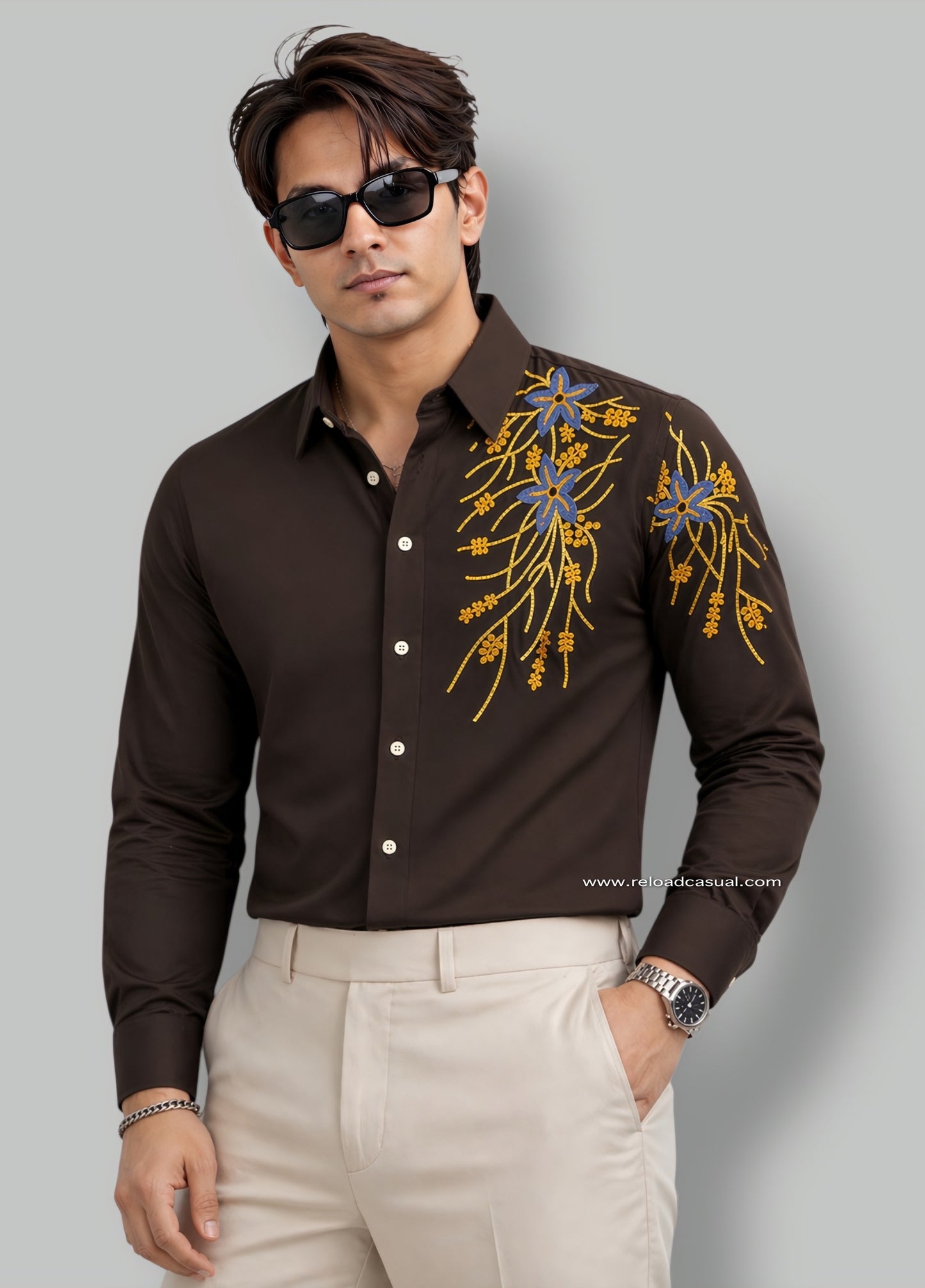 Chest & Sleeve Floral Embroidered Shirt