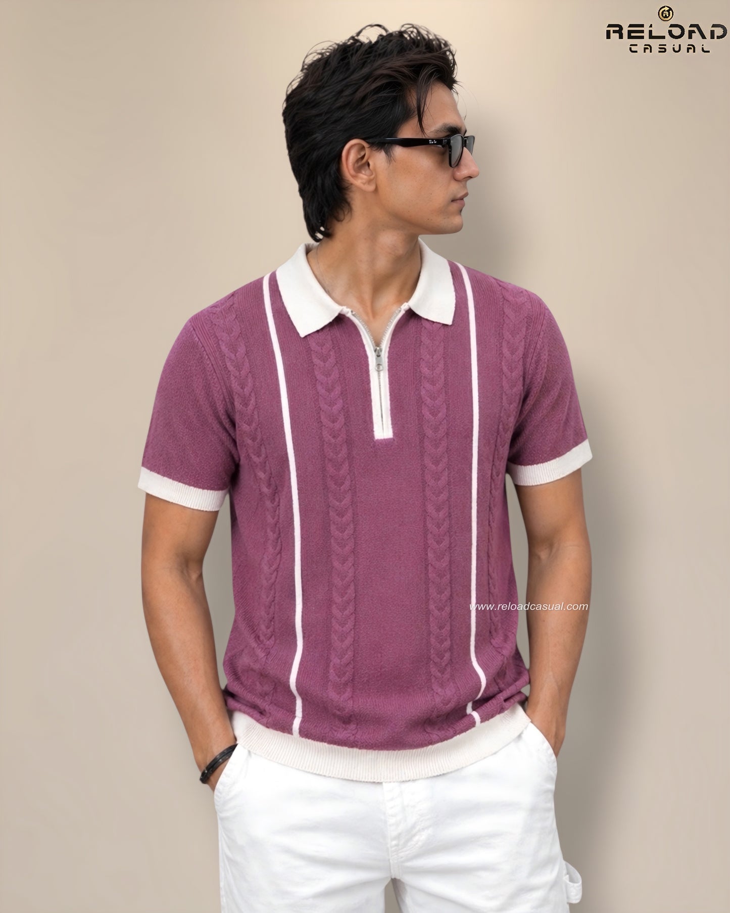 Men's Vertical Striped Knitted Half Zip T-Shirt