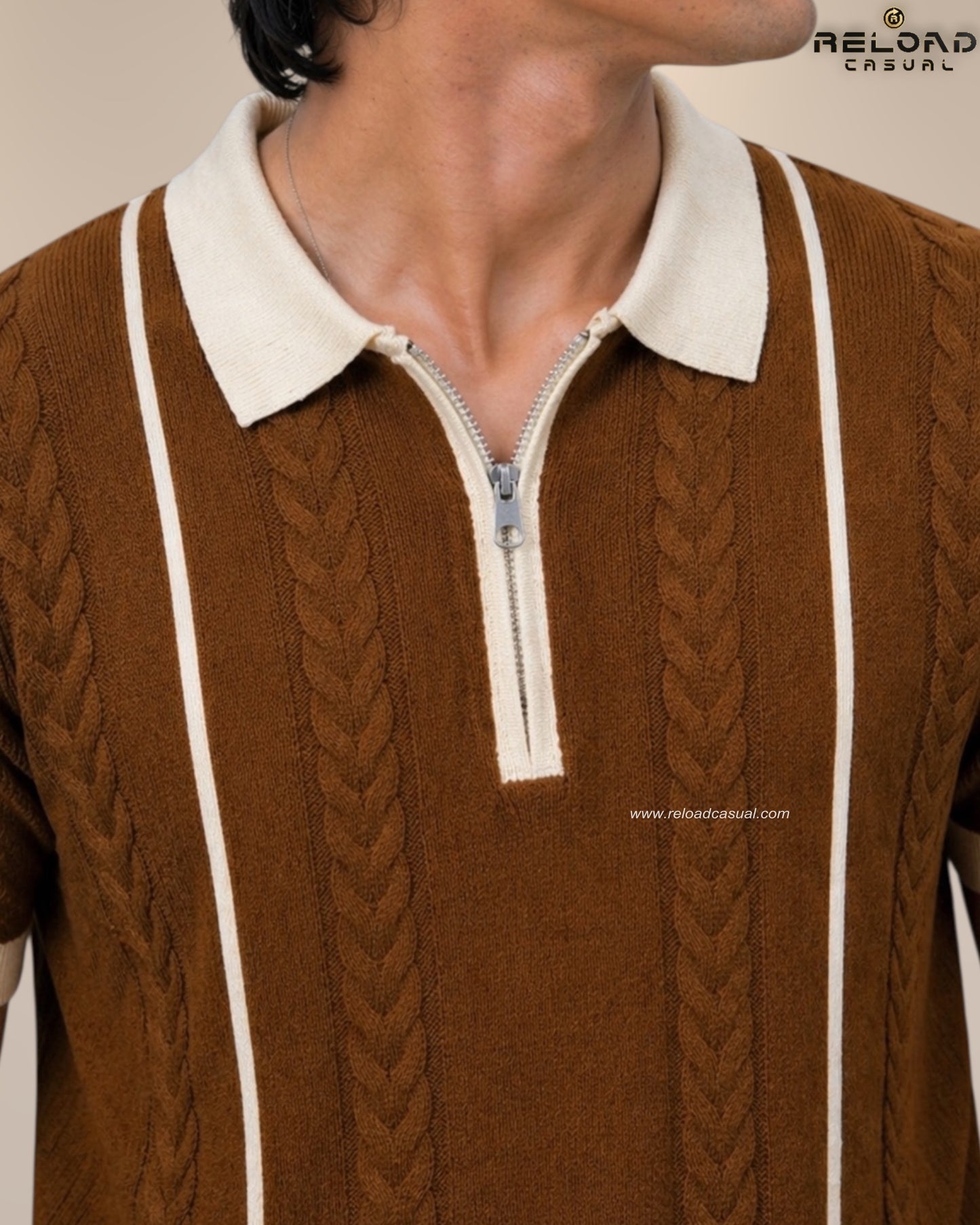 Men's Vertical Striped Knitted Half Zip T-Shirt