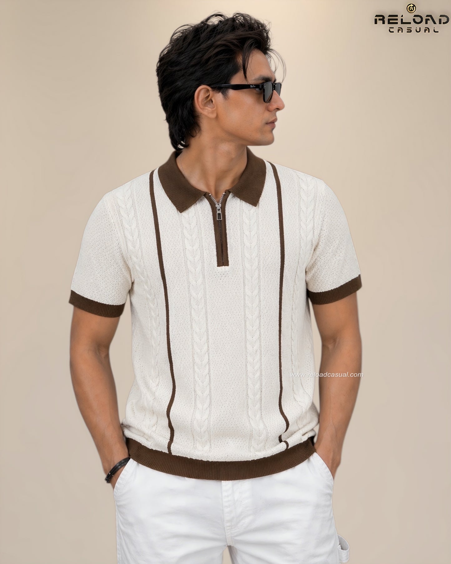 Men's Vertical Striped Knitted Half Zip T-Shirt