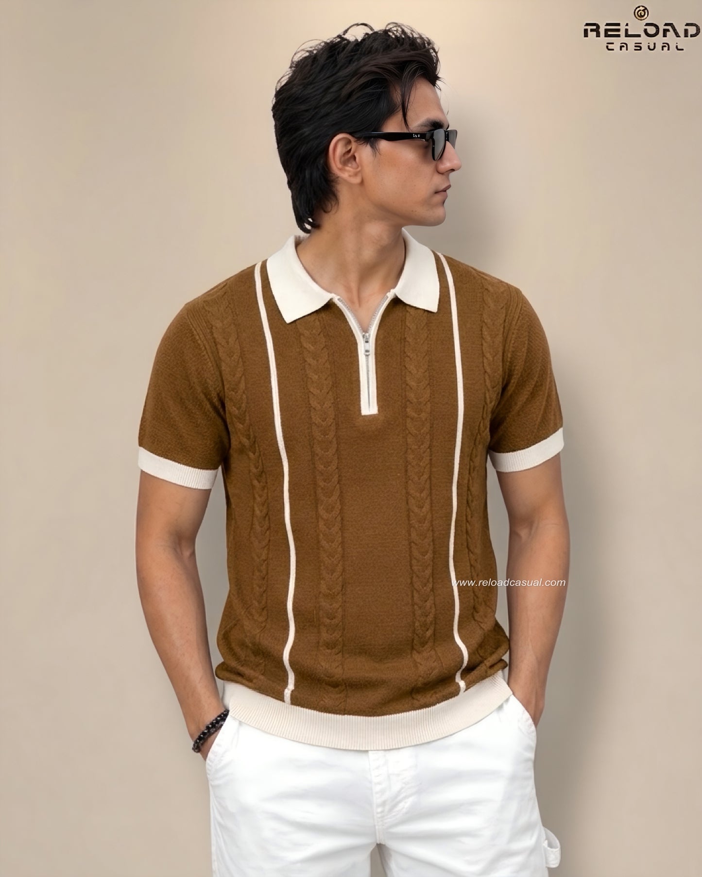 Men's Vertical Striped Knitted Half Zip T-Shirt