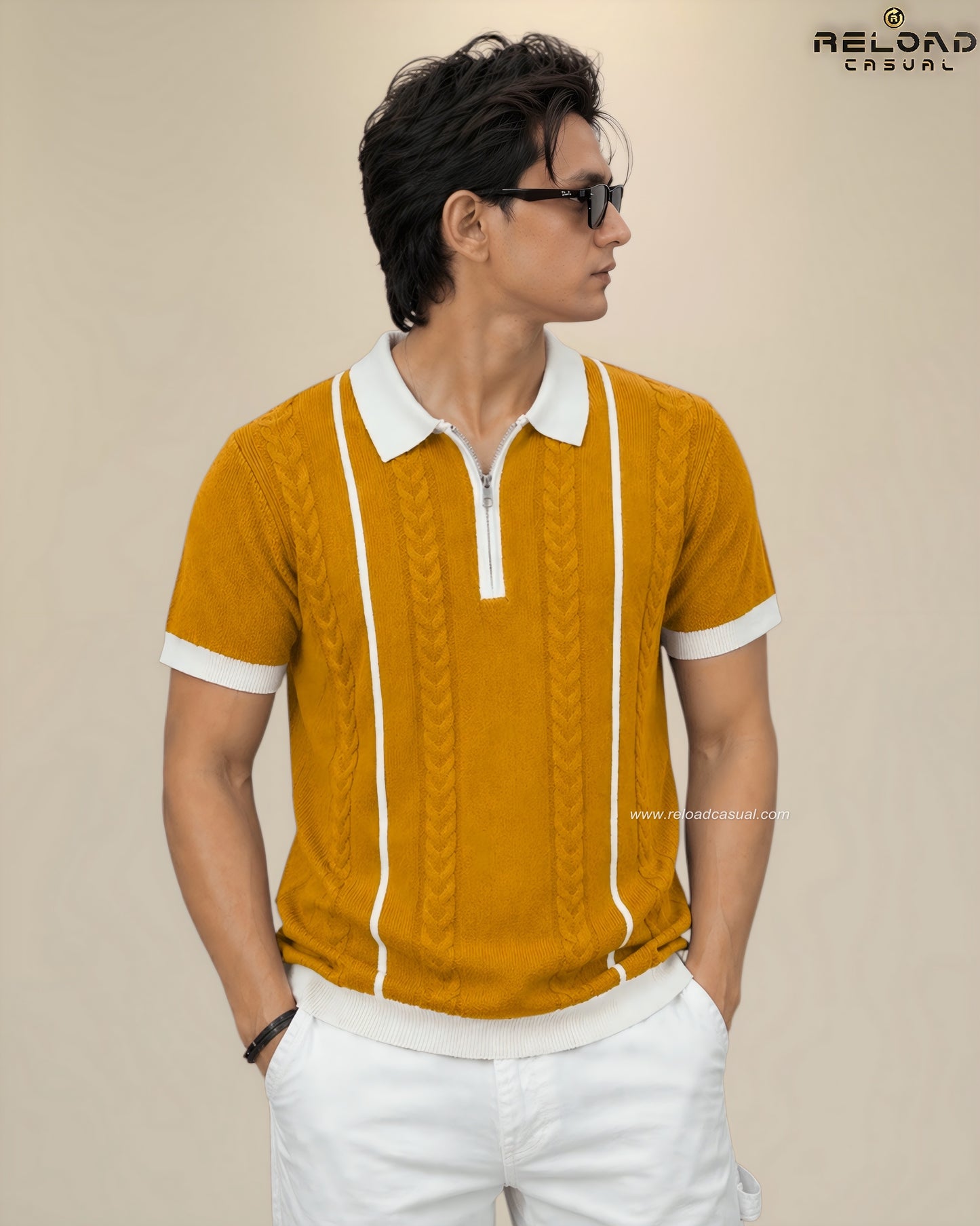 Men's Vertical Striped Knitted Half Zip T-Shirt