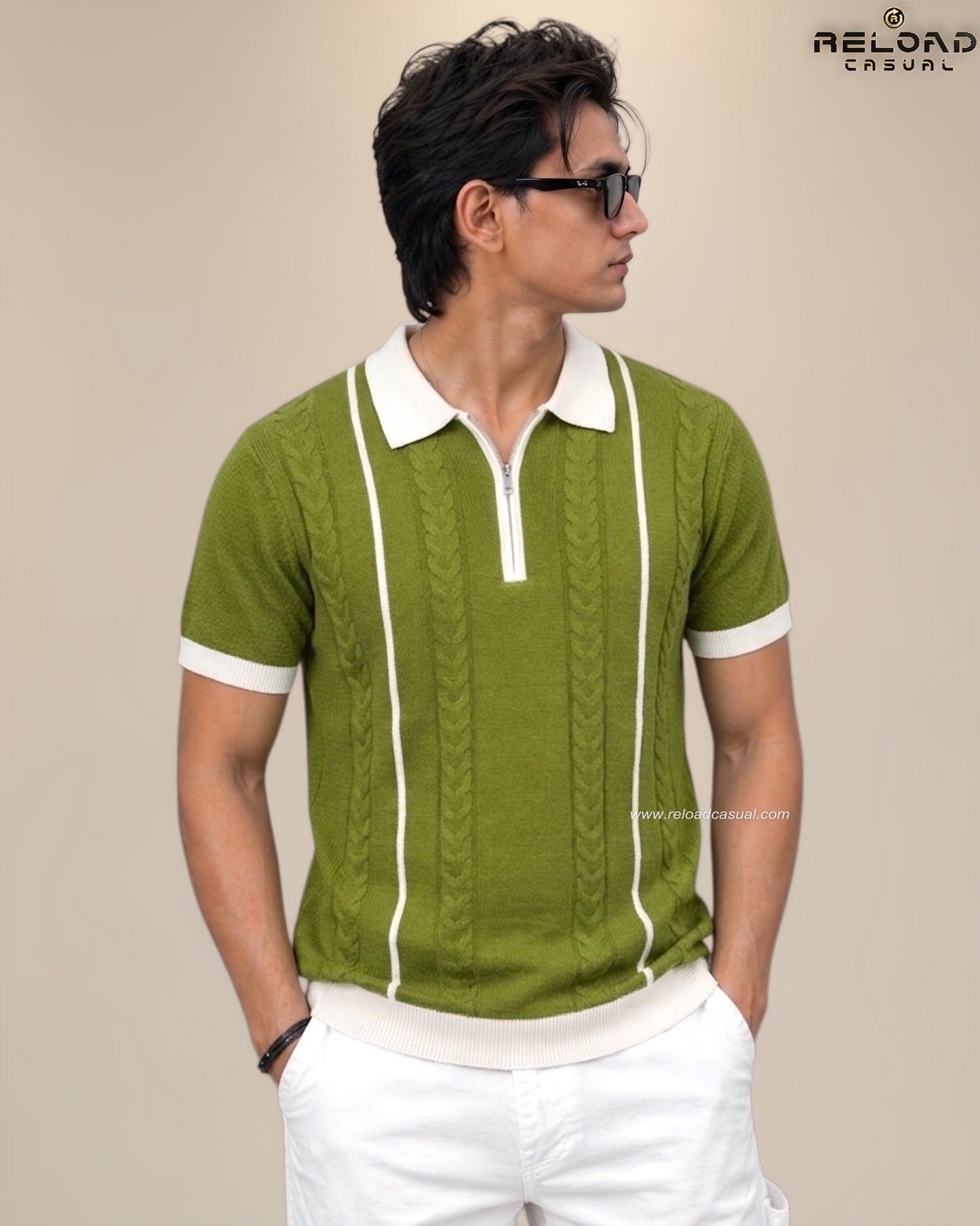Men's Vertical Striped Knitted Half Zip T-Shirt