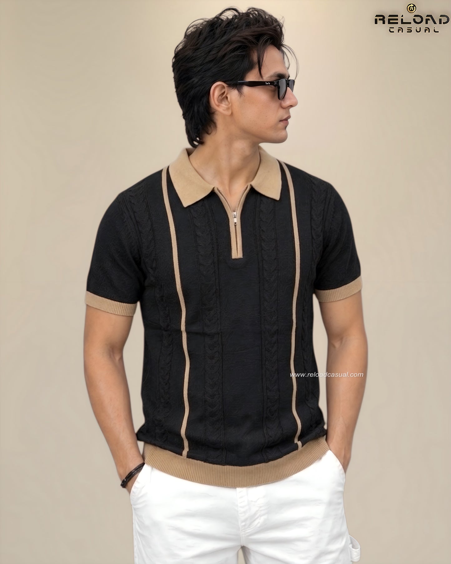 Men's Vertical Striped Knitted Half Zip T-Shirt