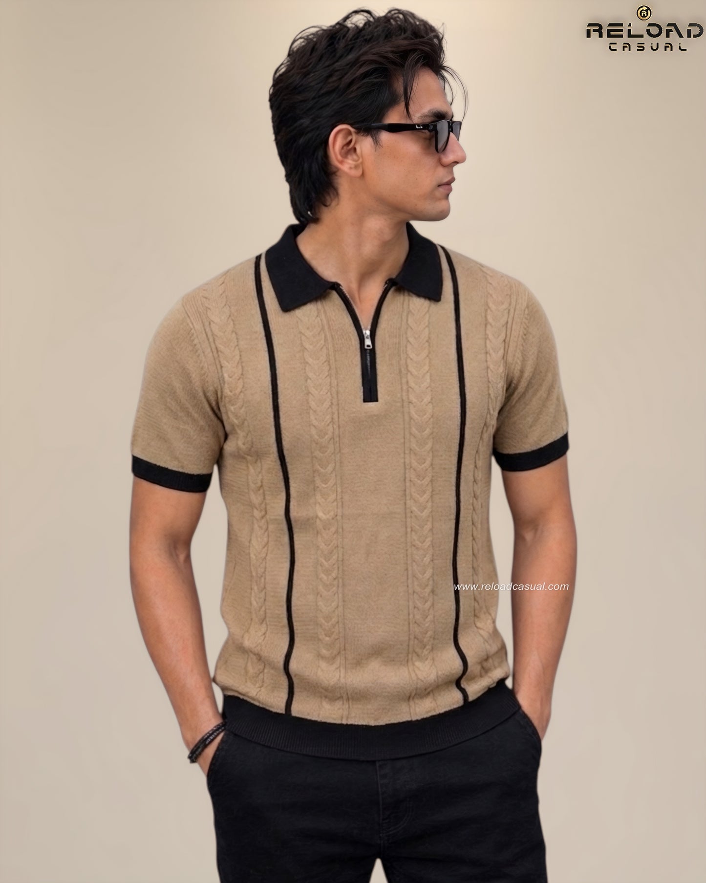 Men's Vertical Striped Knitted Half Zip T-Shirt