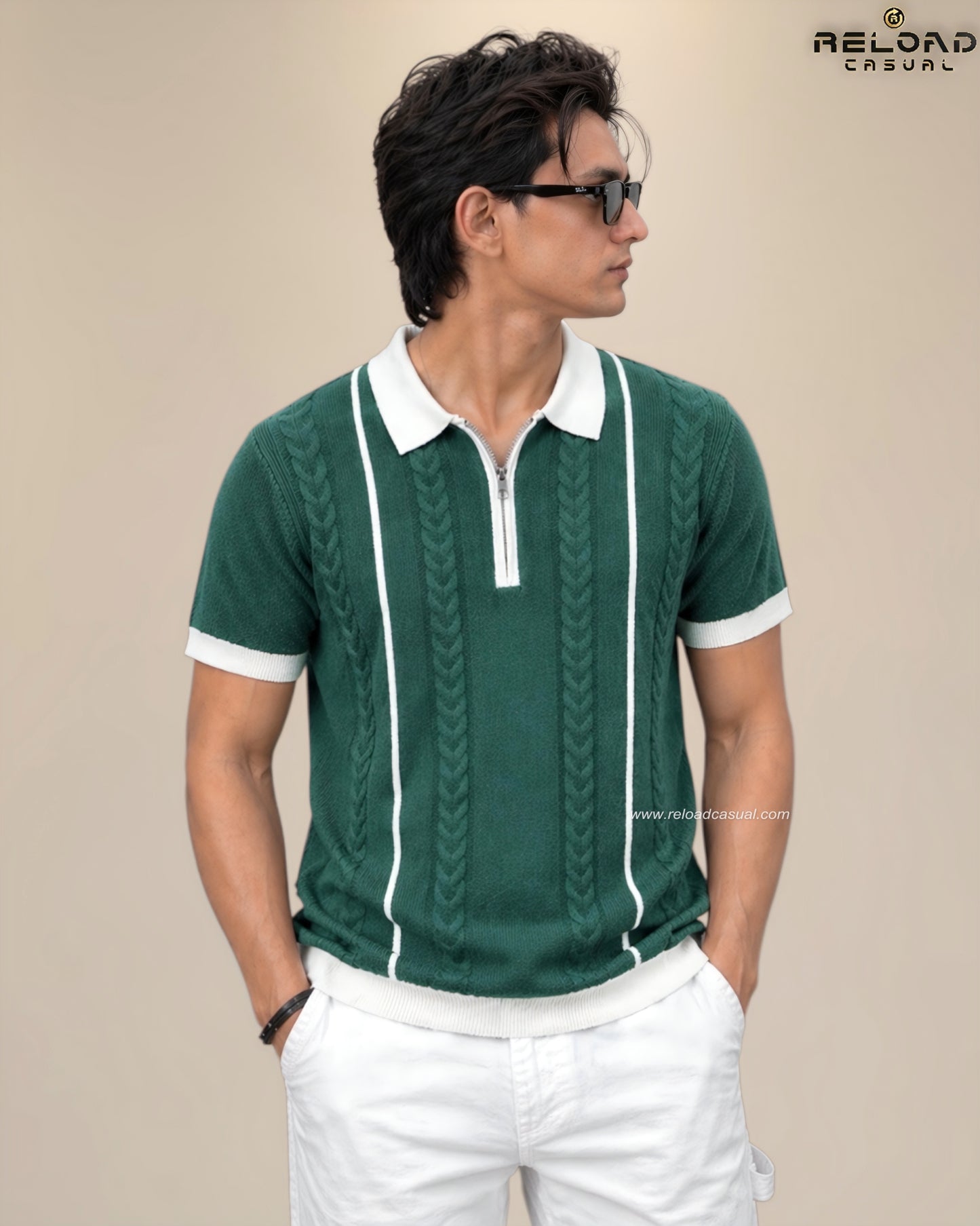 Men's Vertical Striped Knitted Half Zip T-Shirt