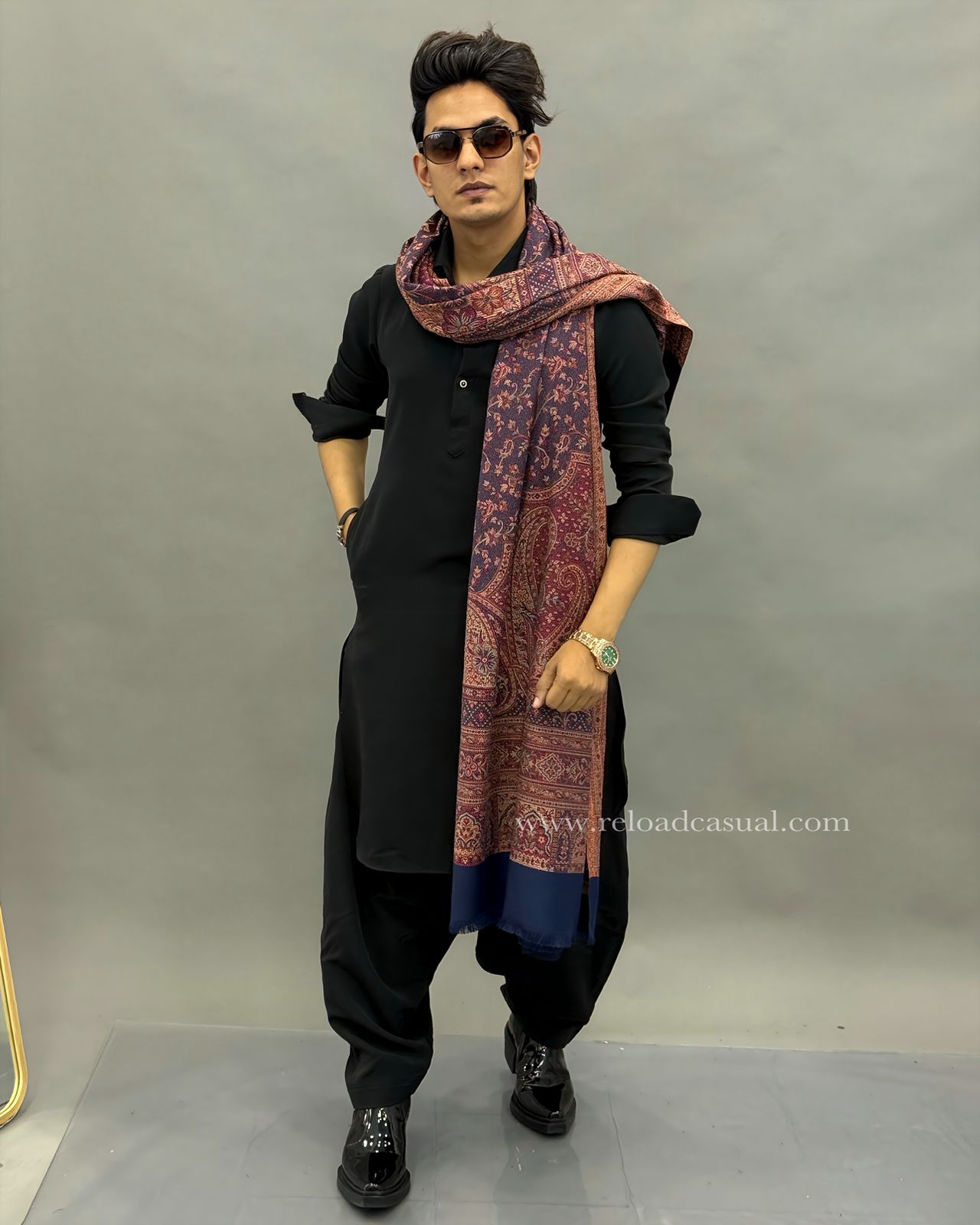 Black Pathani Lachka Kurta Set with Pashmina Shawl Combo