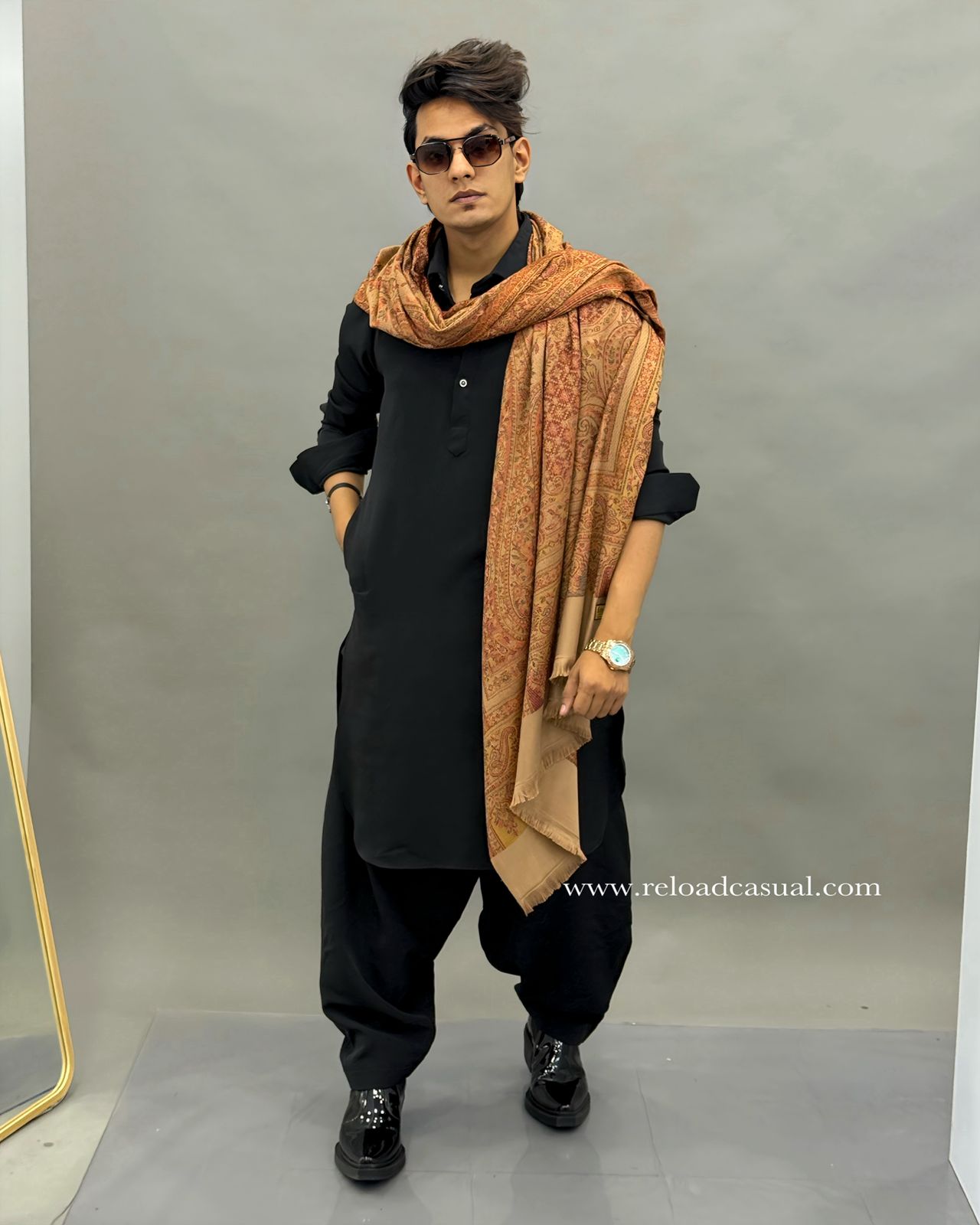 Black Pathani Lachka Kurta Set with Pashmina Shawl Combo
