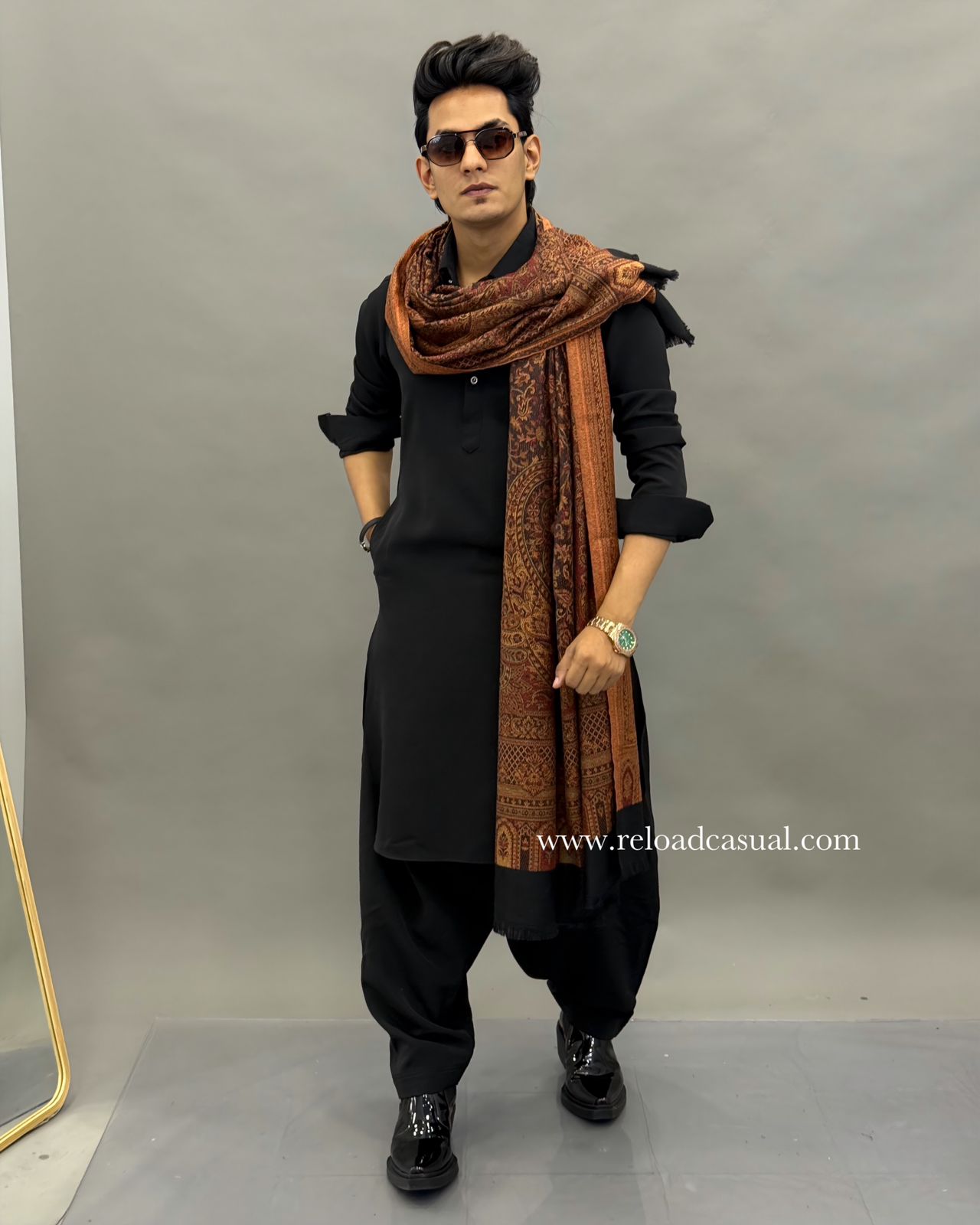 Black Pathani Lachka Kurta Set with Pashmina Shawl Combo