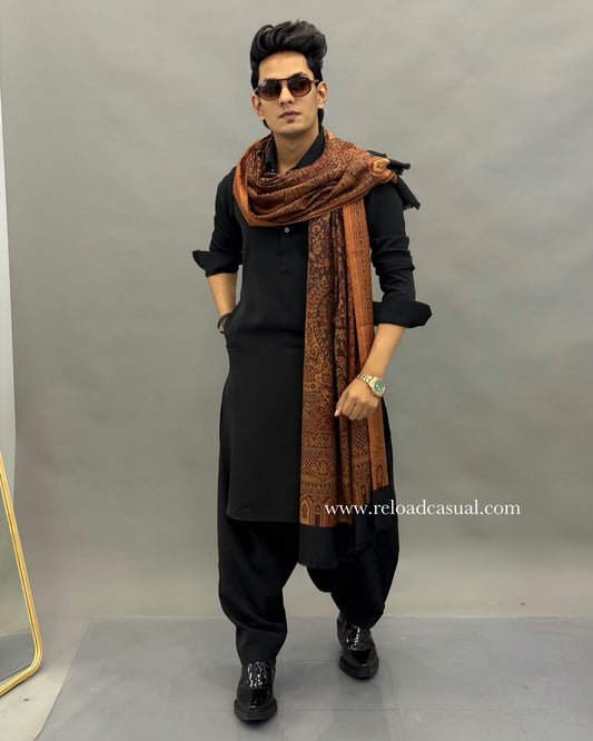 Black Pathani Lachka Kurta Set with Pashmina Shawl Combo