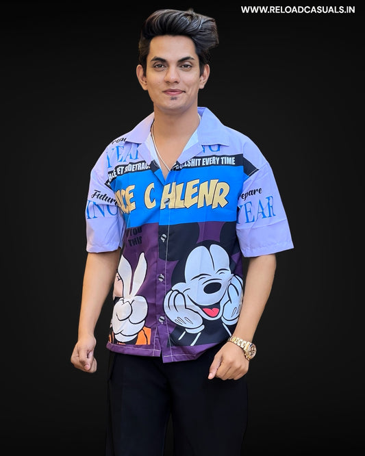 Micky Color Block Cartoon Print Half Shirt