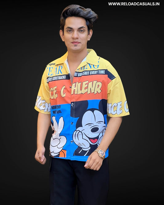 Micky Color Block Cartoon Print Half Shirt